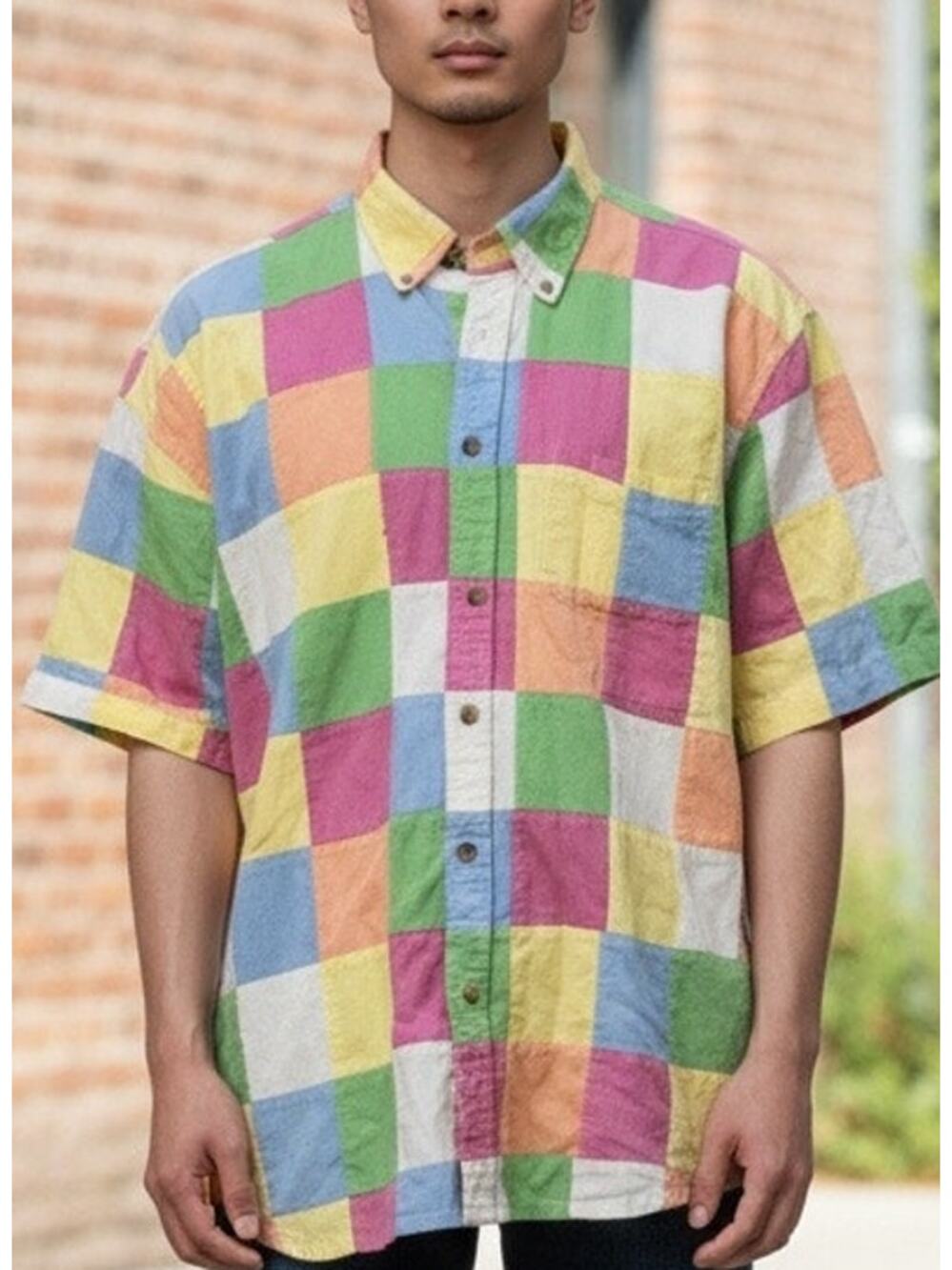 Vintage Y2K Scandia Woods Men's Colorful Patchwork Madras Collared Shirt